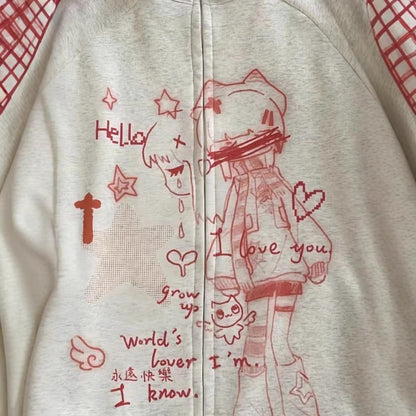 Striped Anime-Print Zip-Up Hoodie With Long Sleeves And A Hood — side view