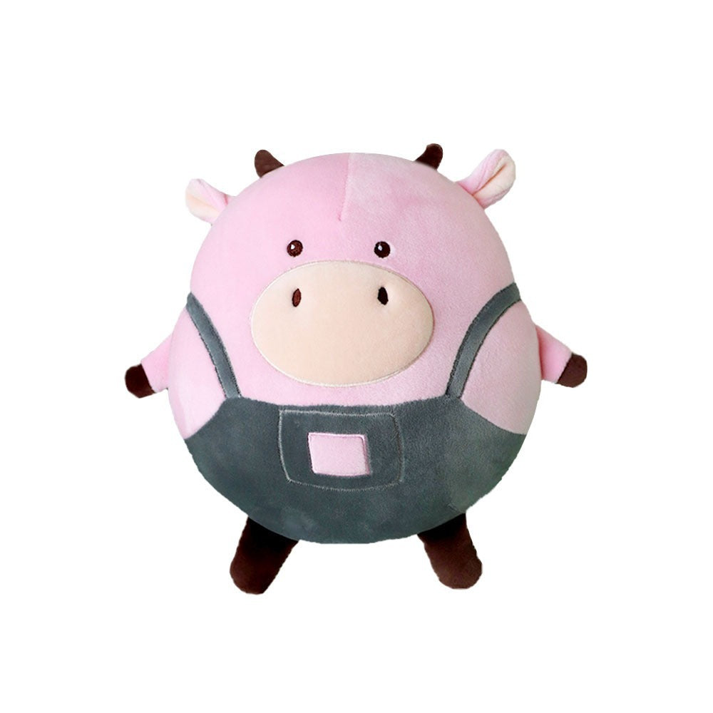 New Original Brown Cow Pillow Suspender Pants Denim Cow Round Rolling Plush Doll — in use