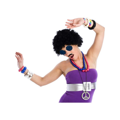Hippie Costume Set With Afro Wig, Colorful '70s Outfit With Flower Crown & Peace Necklace, Flower Power Costume For — detail