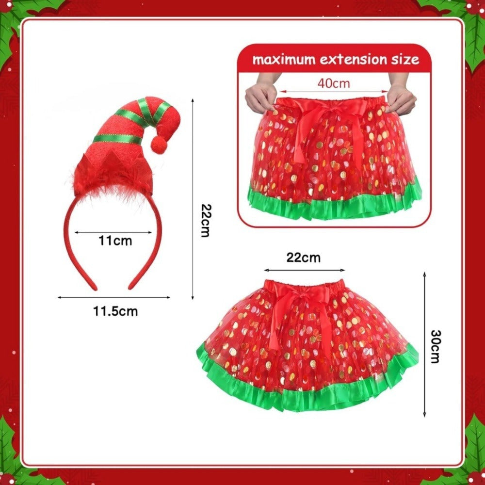 Christmas Elf Costume, 2-Piece Red-and-Green Elf Set With Headband & Polka-Dot Skirt, Festive Christmas Outfit — side view