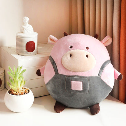 New Original Brown Cow Pillow Suspender Pants Denim Cow Round Rolling Plush Doll — packaging