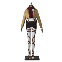 Mikasa Ackerman cosplay outfit laid out — tan jacket, red scarf, harness belt, wrapped skirt and strapped white trousers