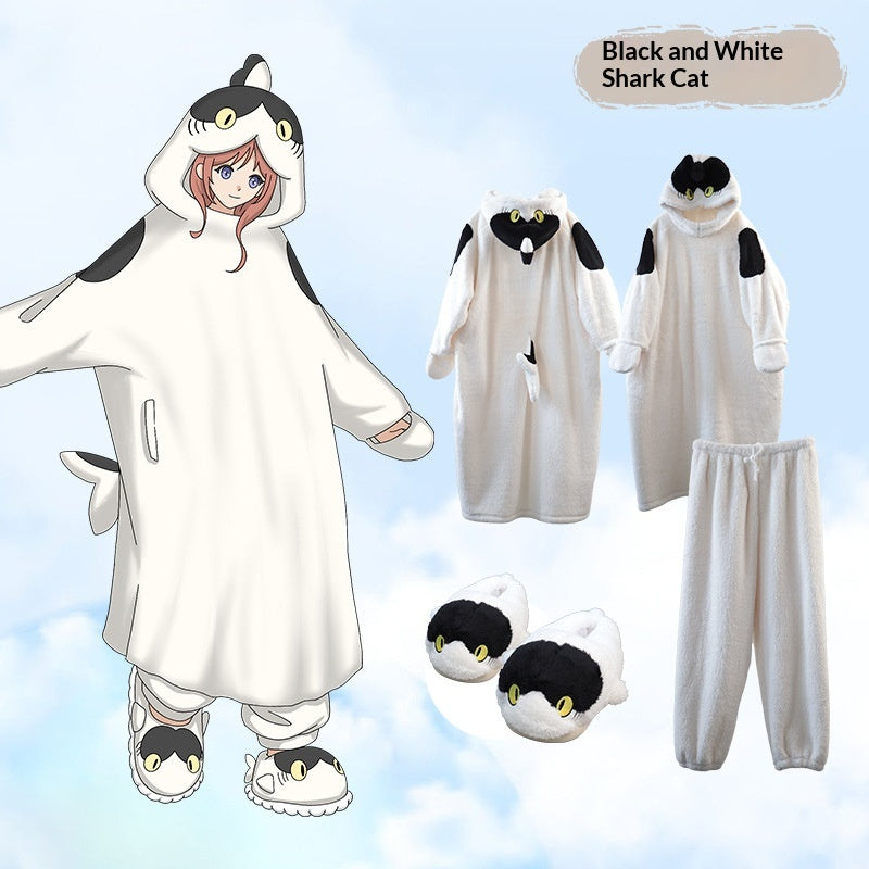 Anime Cartoon Funny Shark And Cat Onesie Pajamas Cute Cozy Loungewear Set — side view