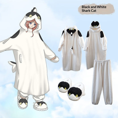 Anime Cartoon Funny Shark And Cat Onesie Pajamas Cute Cozy Loungewear Set — side view