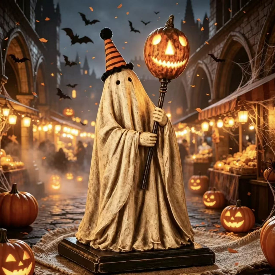 Glowing Pumpkin Wand And Ghost Statue Ornaments — back view