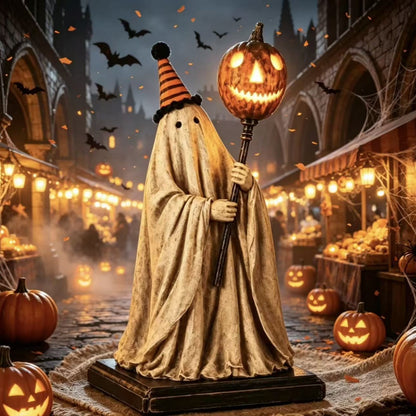 Glowing Pumpkin Wand And Ghost Statue Ornaments — back view