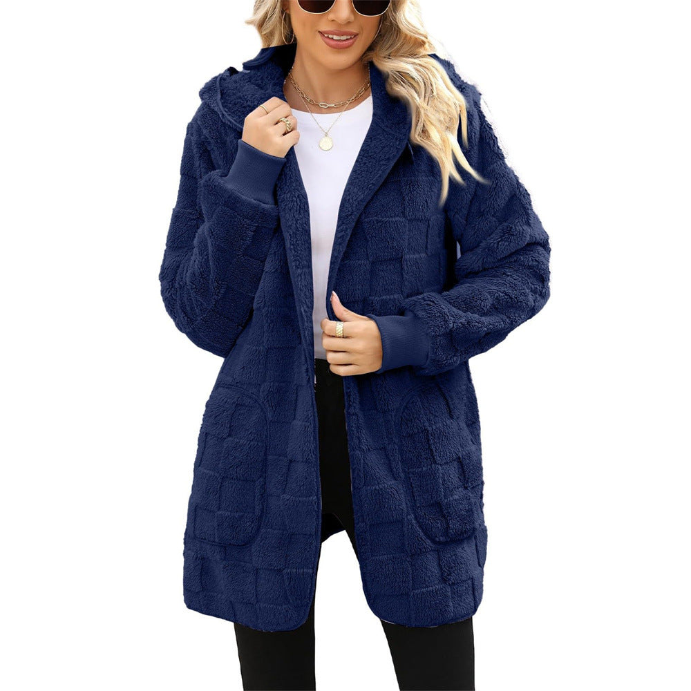 Cardigan Plaid Jacquard Hooded Pocket Plush Cardigan Jacket — packaging