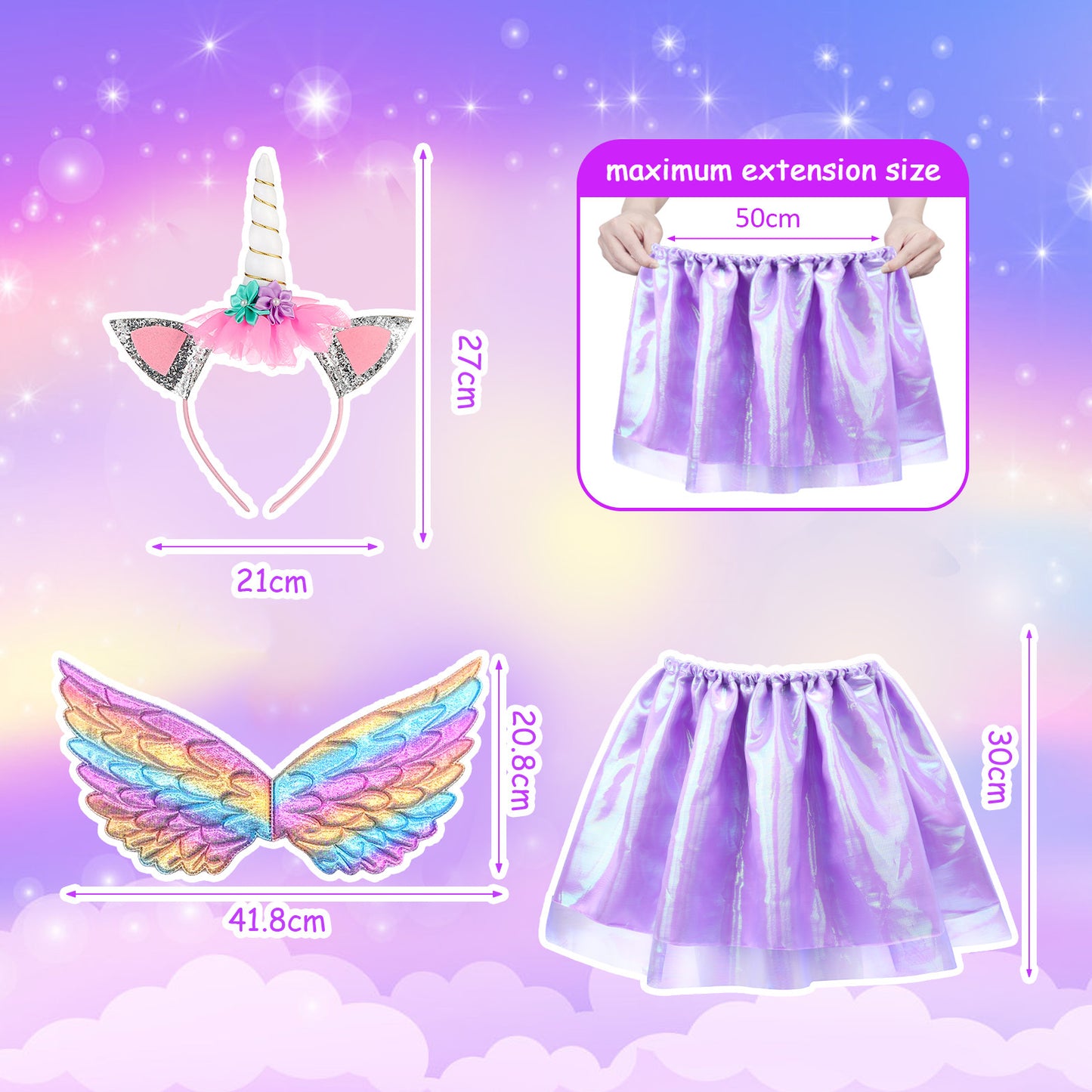 Purple Unicorn 3-Piece Set With Headband, Wings, And Skirt - Fantasy Costume For Celebrations And Theme Parties — side view