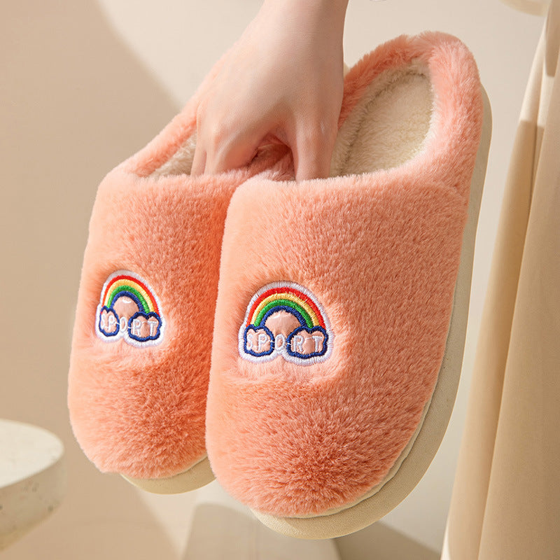 Kawaii Rainbow Embroidered Slippers Warm Slip On Plush Shoes Couple Indoor Home Slippers Winter — side view