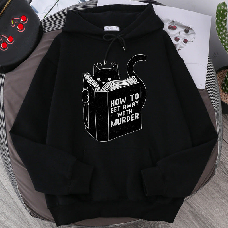 Men's And Women's Hooded Sweater Cartoon Anime Cute Cat Reading Print Sweatshirt — side view