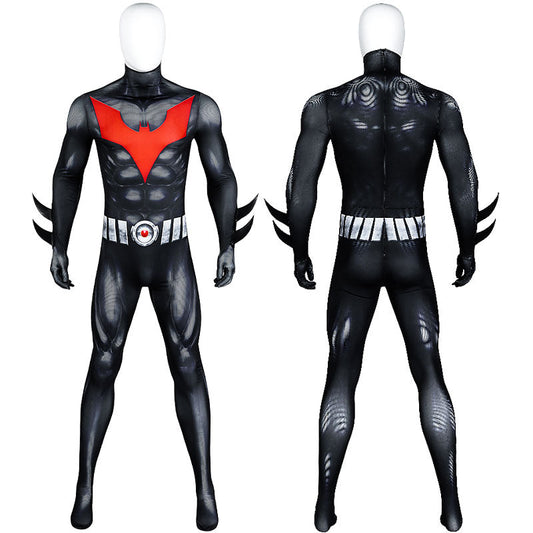 Batman Beyond Terry McGinnis cosplay jumpsuit, front and back — black suit with red bat emblem and clawed gauntlets