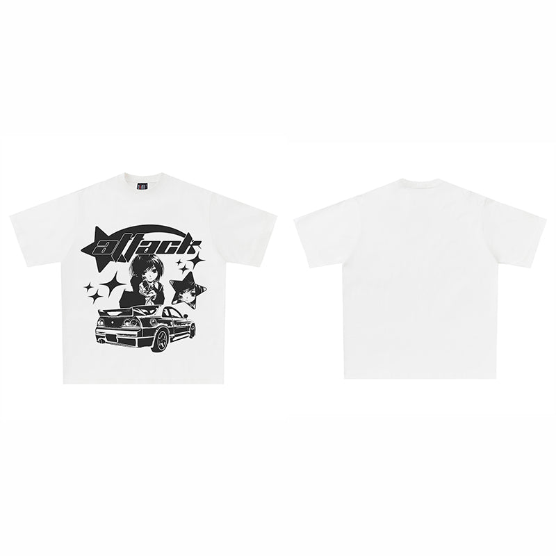 Retro White Short Sleeve T-shirt Loose Pattern Fashion Brand Harajuku Anime Half Sleeve Top — detail