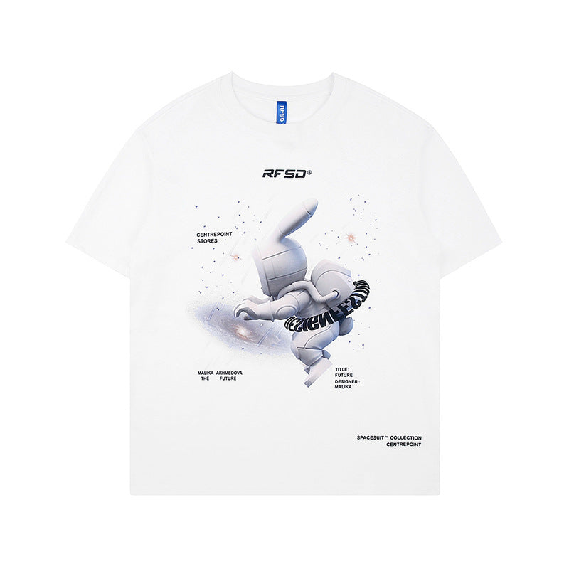 Street Anime Moon Rabbit Print Loose Men's T-shirt — detail