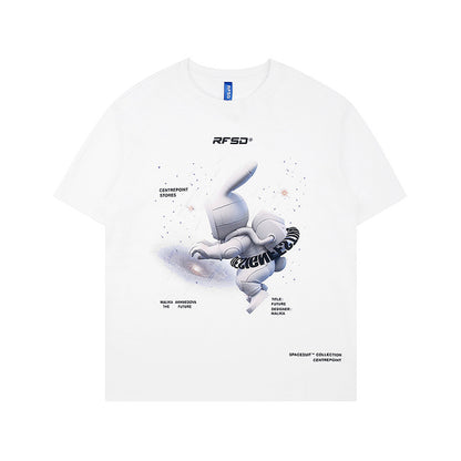 Street Anime Moon Rabbit Print Loose Men's T-shirt — detail