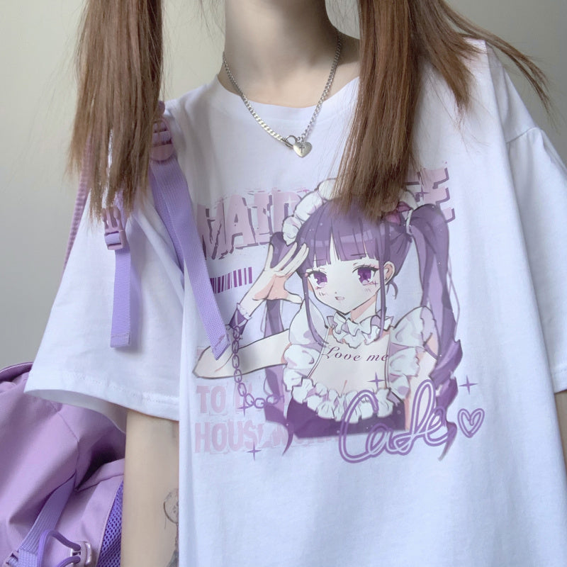 Anime Print White Short Sleeve T-Shirt Women — detail