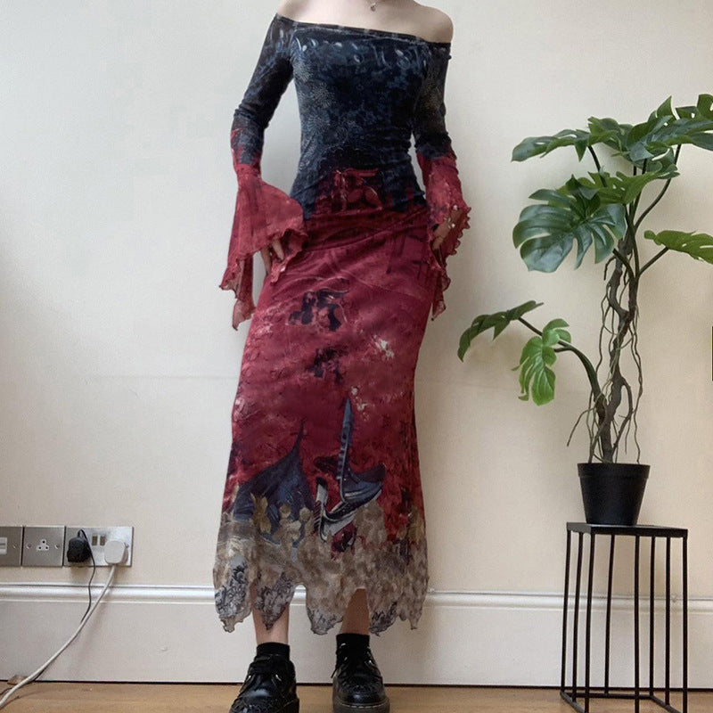 Dark Goth Style Retro Multicolor Printing Irregular Mesh Long Dress — detail