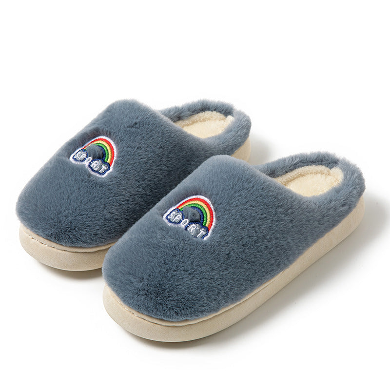 Kawaii Rainbow Embroidered Slippers Warm Slip On Plush Shoes Couple Indoor Home Slippers Winter — in use