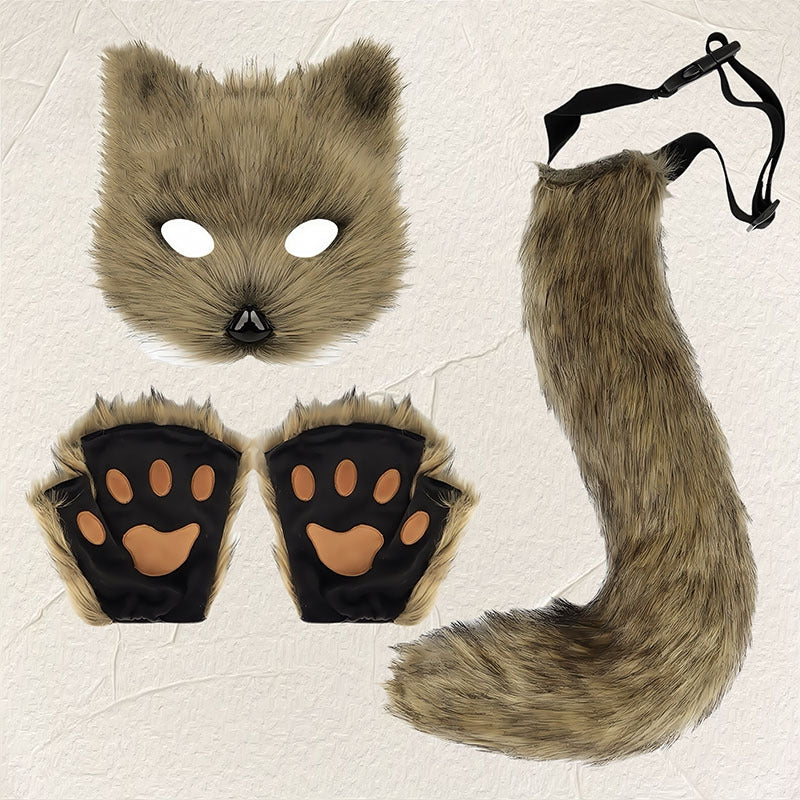 Cute Fox Mask Plush Cat's Paw Gloves Beast Tail Three-piece Set — in use