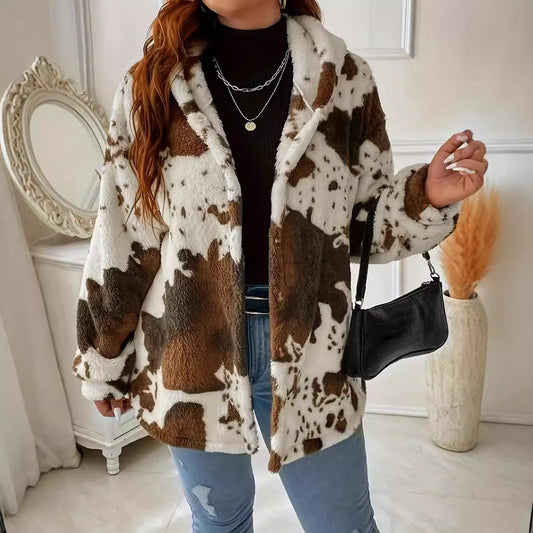 Womens Casual Chic Plush Coat With Cow-print And Button Detailing