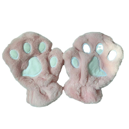 Cute Cat Claw Plush Gloves Female Winter Fleece-lined Warm Half Finger — back view