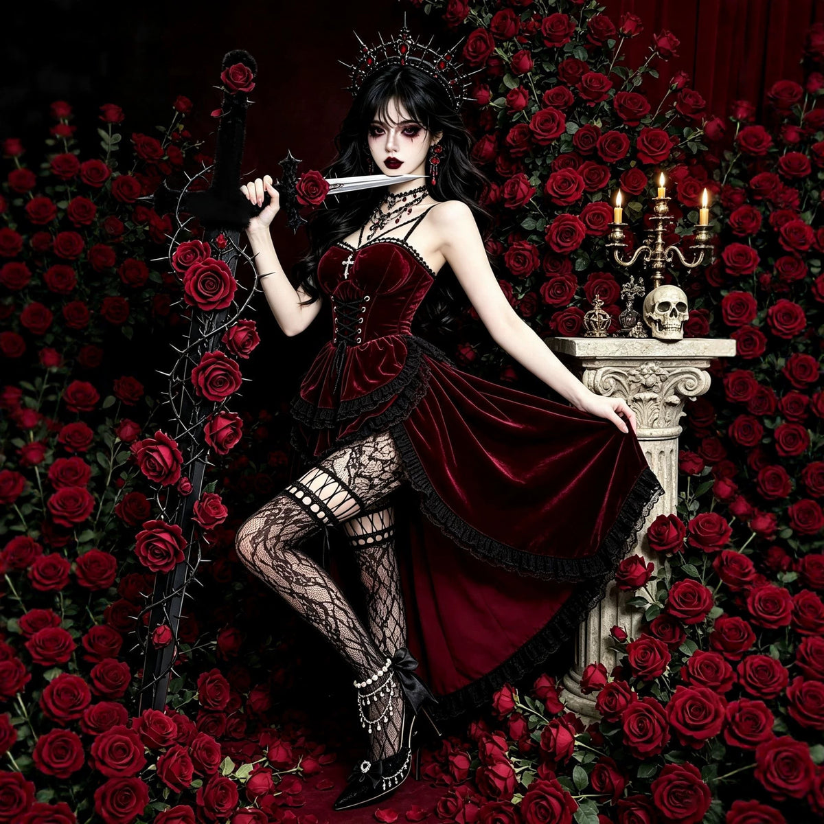 Burgundy Velvet Corseted Mermaid Gown Dark | Magic Stories