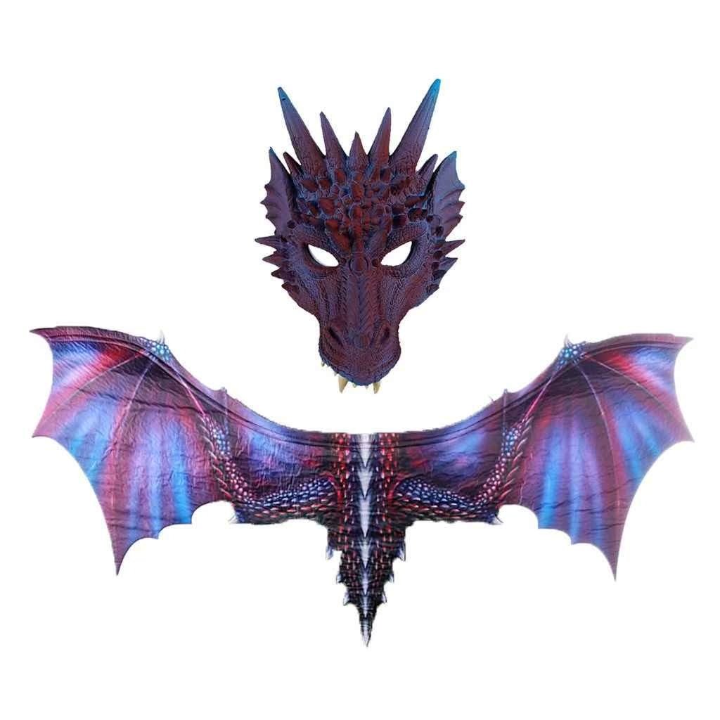 Kids Dino & Dragon Dress-Up 3-Piece — Blue Pterosaur Cape, Dinosaur Cape with Mask & Gloves and 3D Dragon Wings — back view