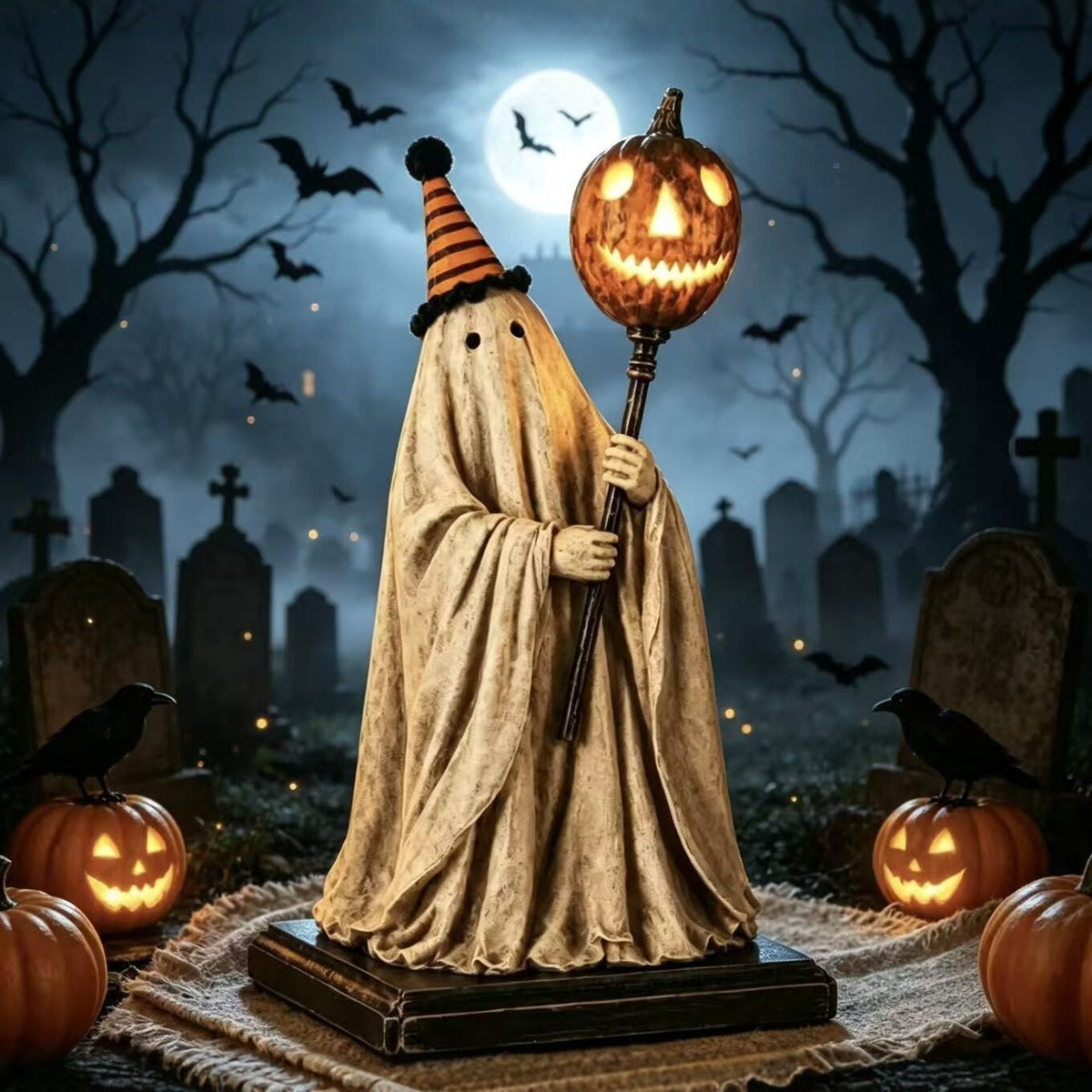 Glowing Pumpkin Wand And Ghost Statue Ornaments — scale reference