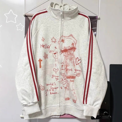 Striped Anime-Print Zip-Up Hoodie With Long Sleeves And A Hood — back view