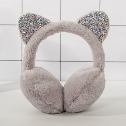 Warm Sequined Cat Ears Plush Earmuffs — detail