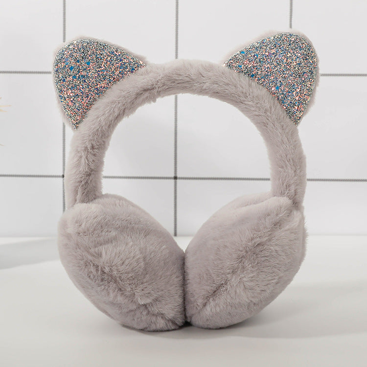 Warm Sequined Cat Ears Plush Earmuffs — detail