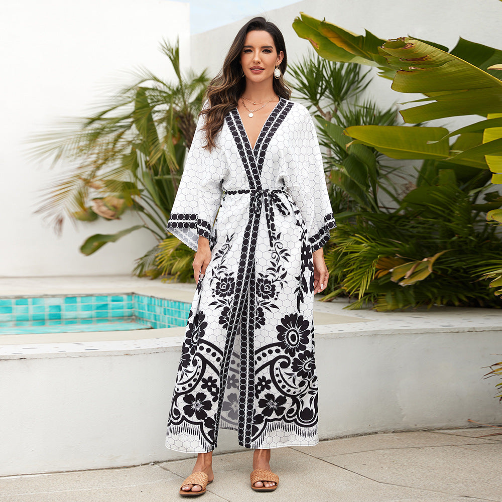 Printed Cardigan Kimono Bikini Sun Protection Dress — in use
