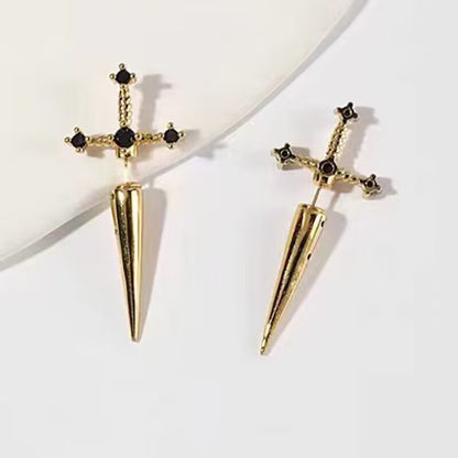 New Gothic Sword Vintage Bright Crystal Dagger Earrings — scale reference