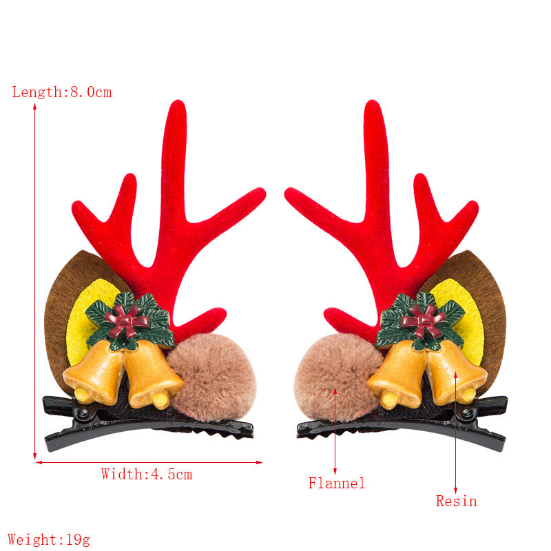 Christmas Series Cute Moose Horns Bells Flannel Two-piece Hairpin — side view