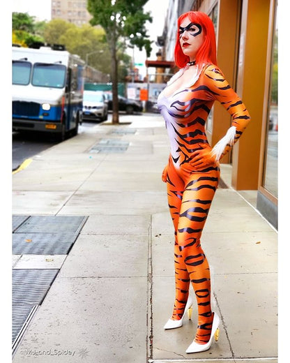 Halloween Girls Red Black Cat Cosplay Tiger Print Bodysuit — packaging