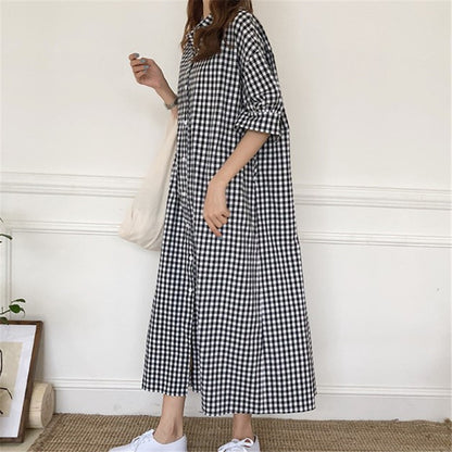 Harajuku Style Cotton Linen Dress Plaid — side view