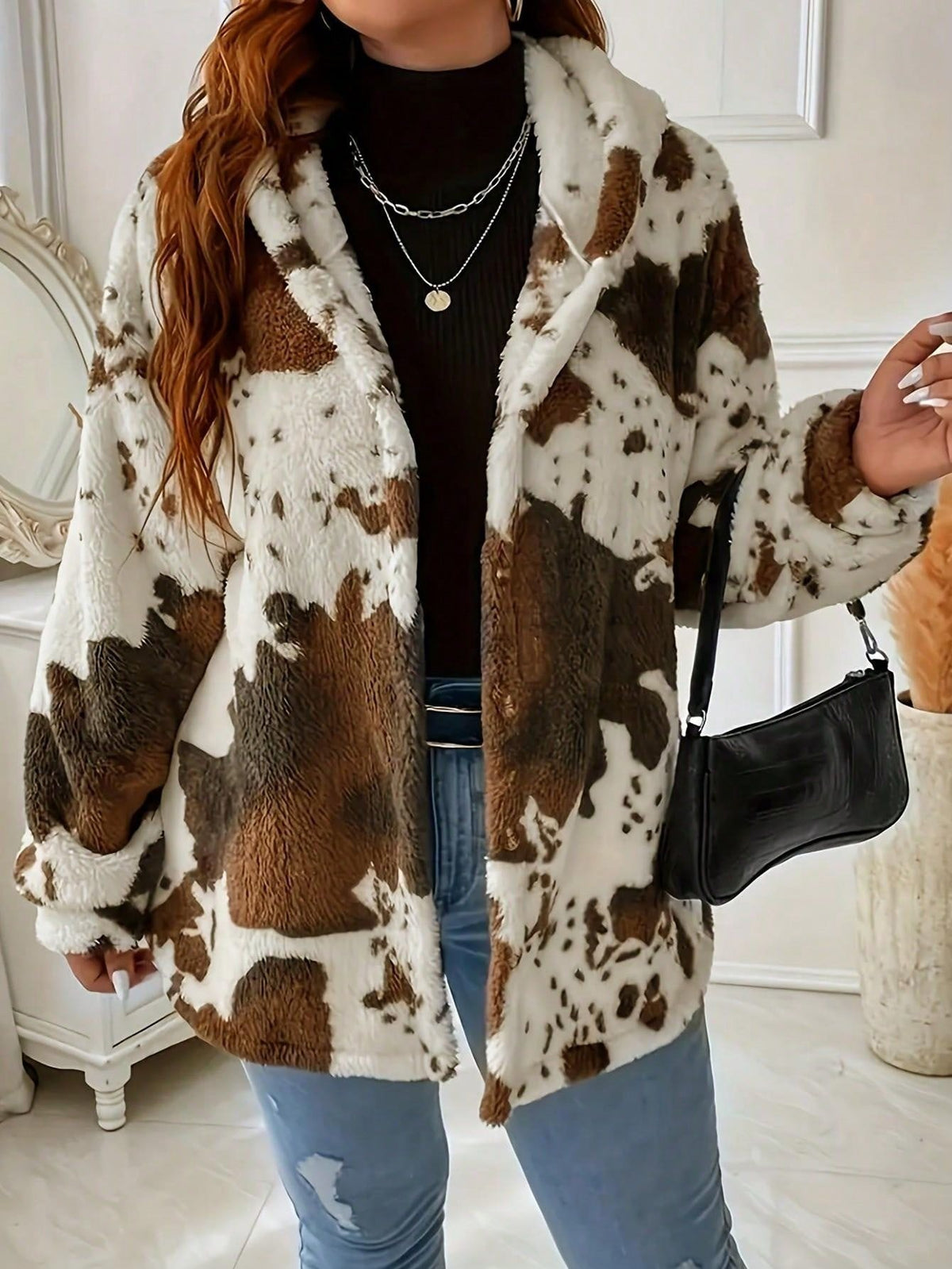 Women's Cow Print Button Plush Coat, New European & American Casual Fashion Hoodie — back view