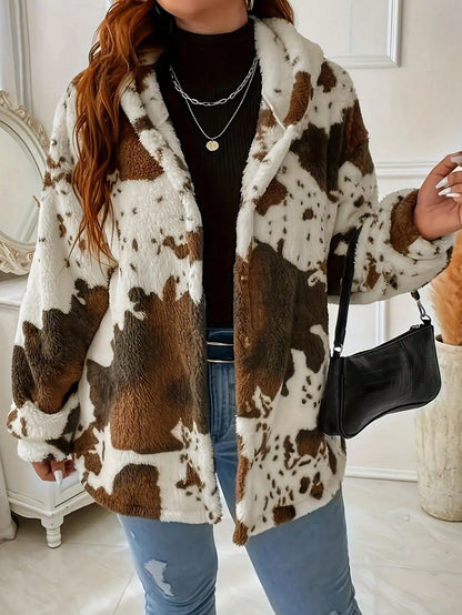 Women's Cow Print Button Plush Coat, New European & American Casual Fashion Hoodie — back view
