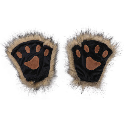 Fingerless Cat Paw Handmade Cartoon Cute Plush Gloves — in use