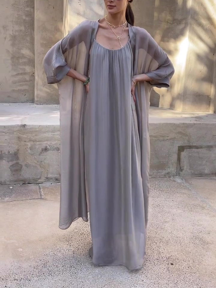 Spaghetti Strap Maxi Dress & Batwing Sleeve Long Kimono Two-Piece Set — side view