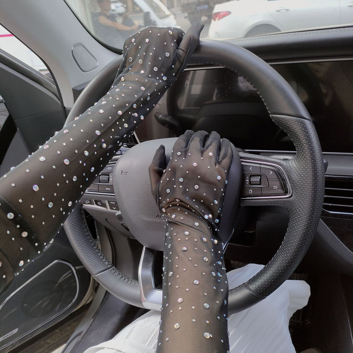 Halloween Dress Cosplay Rhinestone Lace Mesh Gloves — side view