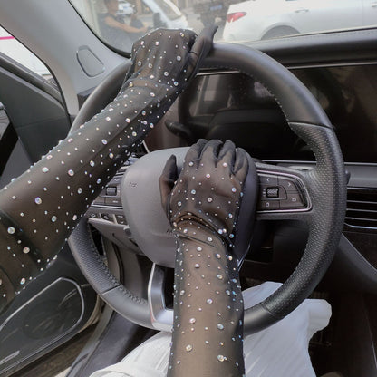 Halloween Dress Cosplay Rhinestone Lace Mesh Gloves — side view