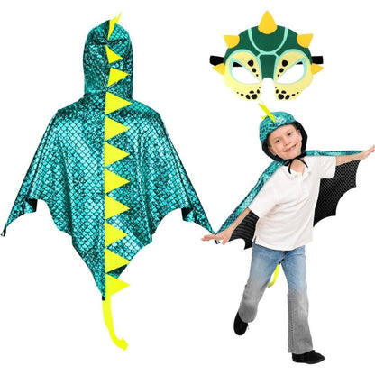 Kids Dino & Dragon Dress-Up 3-Piece — Blue Pterosaur Cape, Dinosaur Cape with Mask & Gloves and 3D Dragon Wings