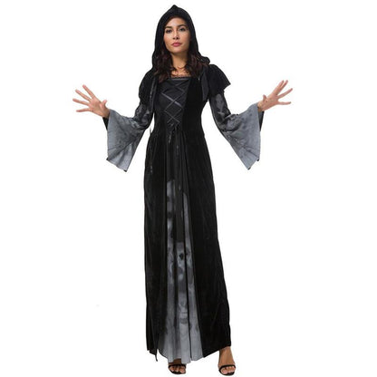 Halloween New Skull Print Witch Long Vampire Costume, Queen Dress Costume — back view