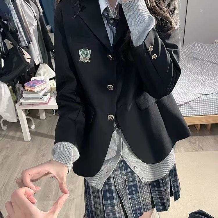 Original JK Uniform Black Blazer College-Style School-Supplied Indigo Three-Button Suit Jacket — scale reference
