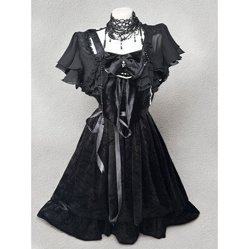 Black Gothic Style Vintage Lolita Dress Black Cardigan Two-piece Set Women's Summer New — side view