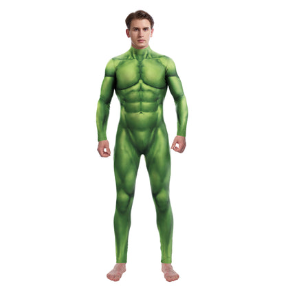 New Foreign Trade Digital Print Cosplay Costume Green Body Suit Muscle Bodysuit Performance Outfit — back view
