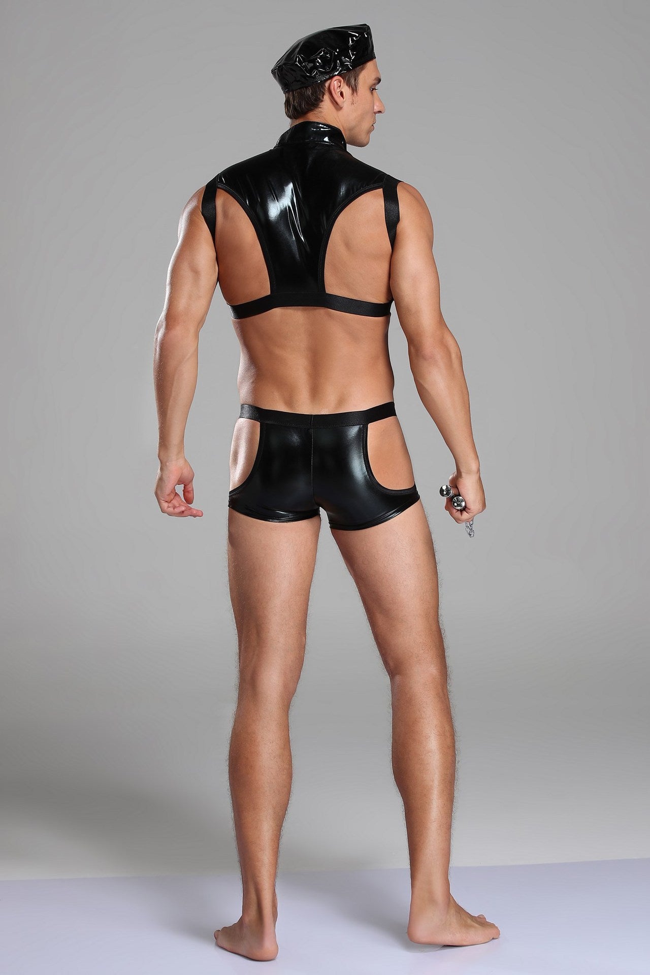 Men's Black Faux Leather Cosplay Police Outfit — packaging