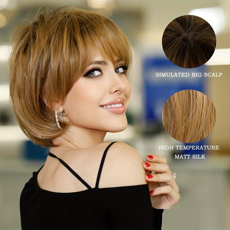 12 Inch Women's Short Brown Bangs Short Bob Wig — back view