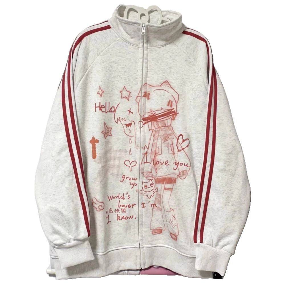 Striped Anime-Print Zip-Up Hoodie With Long Sleeves And A Hood — detail