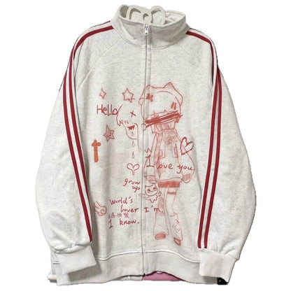 Striped Anime-Print Zip-Up Hoodie With Long Sleeves And A Hood — detail